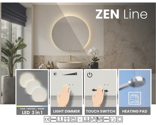 Kúpeľňa s okrúhlym zrkadlom vrátane osvetlenia, stmievača svetla, dotykového spínača a vyhrievacej podložky.