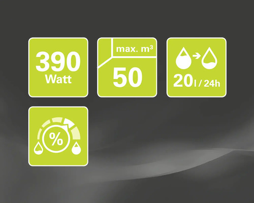 Vlastnosti produktu: 390 W, maximálne 50 metrov kubických, 20 litrov za 24 hodín, relatívna vlhkosť