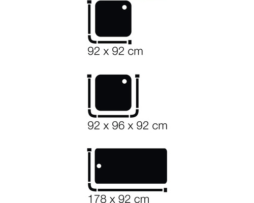 Zobrazenie rôznych tvarov a veľkostí sprchovacích kabín v centimetroch