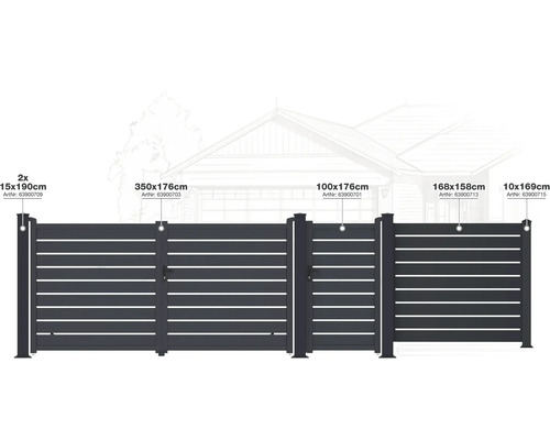 Rôzne plotové prvky a záhradná bránka s rozmermi.