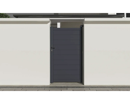 Hliníková záhradná bránka s vodorovnými panelmi medzi dvoma stenami