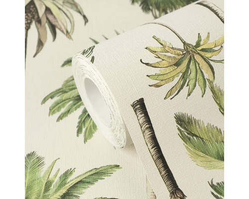 Vliesová tapeta so vzorom paliem v zelenej a hnedej farbe, zobrazená ako rola.
