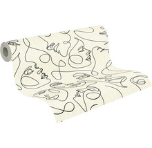 Vliesová tapeta s line-art vzorom čiernych tvárí na svetlom podklade, rolka tapety.