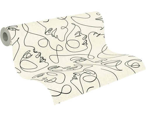 Vliesová tapeta s line-art vzorom čiernych tvárí na svetlom podklade, rolka tapety.