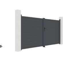 Hliníková záhradná bránka s vodorovnými lamelami medzi dvoma betónovými stĺpikmi