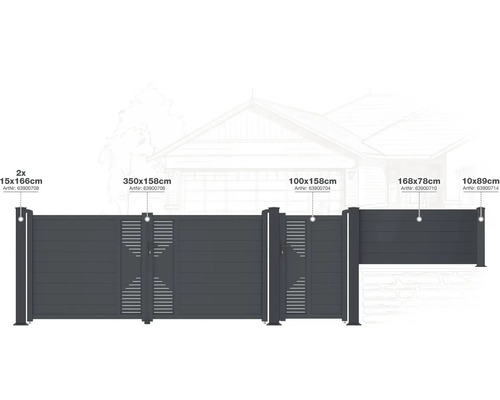 Rôzne prvky plota s uvedením rozmerov