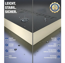 Logo Swisspor. Ilustrácia izolačnej dosky s vlastnosťami ako vodotesnosť, nízka hmotnosť, jednoduché spracovanie, vysoká tvarová stálosť a pevnosť v tlaku.