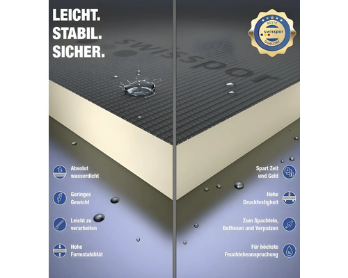Logo Swisspor. Ilustrácia izolačnej dosky s vlastnosťami ako vodotesnosť, nízka hmotnosť, jednoduché spracovanie, vysoká tvarová stálosť a pevnosť v tlaku.