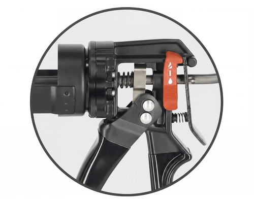 Detailný pohľad na aplikačnú pištoľ s nastaviteľnou funkciou proti odkvapkávaniu.