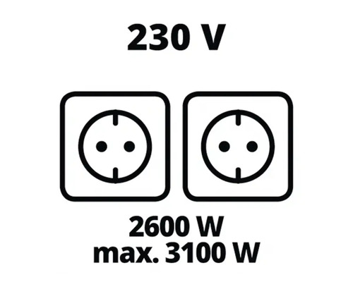Symbol pre napätie 230 V, výkon 2600 W a maximálny výkon 3100 W