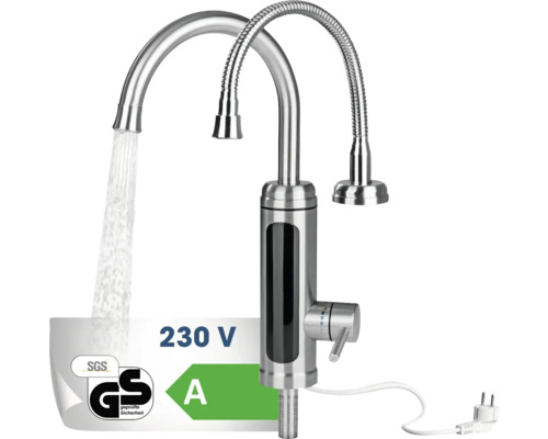 Elektrická vodovodná batéria s dvoma výtokmi, 230 V a bezpečnostnou značkou