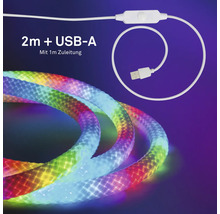 Viacfarebný LED svetelný had, dĺžka 2 metre s USB A pripojením, vrátane 1 metra prívodného kábla a integrovaného vypínača.