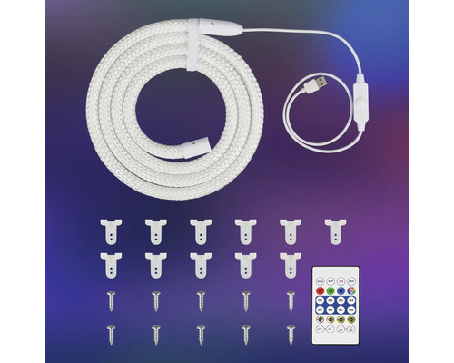 Súprava LED svetelnej hadice s USB pripojením, diaľkovým ovládaním, montážnymi príchytkami a skrutkami.