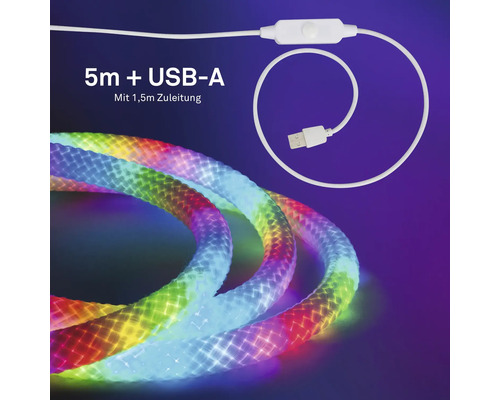 Päť metrov dlhý LED pásik s pripojením USB-A, prívodný kábel jedna celá päť metra, s vypínačom a farebným osvetlením.