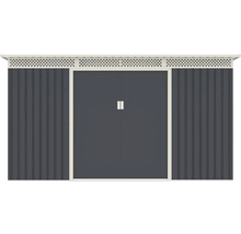 Kovový záhradný domček v antracitovej farbe s dvojitými posuvnými dverami a vetracími mriežkami v hornej časti.