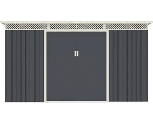 Kovový záhradný domček v antracitovej farbe s dvojitými posuvnými dverami a vetracími mriežkami v hornej časti.