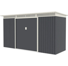Kovový záhradný domček s posuvnými dverami, plochou strechou a vetracou lištou, antracit a biela.