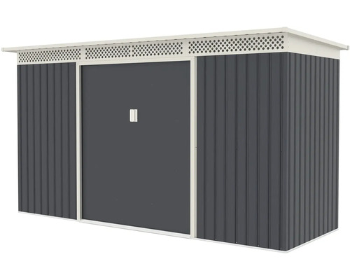 Kovový záhradný domček s posuvnými dverami, plochou strechou a vetracou lištou, antracit a biela.