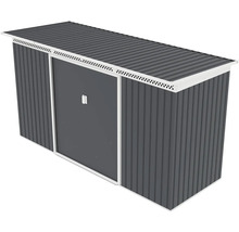 Antracitový kovový záhradný domček s bielymi prvkami, pultovou strechou, posuvnými dverami a vetracími otvormi.