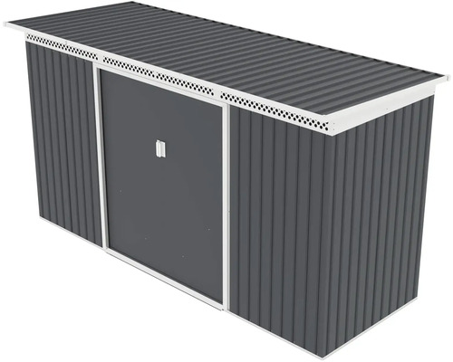 Antracitový kovový záhradný domček s bielymi prvkami, pultovou strechou, posuvnými dverami a vetracími otvormi.