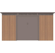 Kovový záhradný domček v dekore dreva a sivej farbe, s pultovou strechou, dvojkrídlovými dverami a vetracou mriežkou.