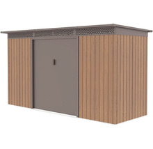 Kovový záhradný domček s dreveným dekórom, posuvnými dverami a plochou strechou.