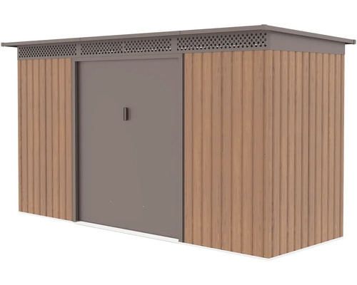 Kovový záhradný domček s dreveným dekórom, posuvnými dverami a plochou strechou.