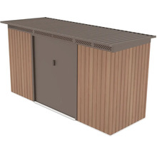 Kovová záhradná skriňa na náradie s panelmi s dekórom dreva, plochou strechou a ventilačnými otvormi.