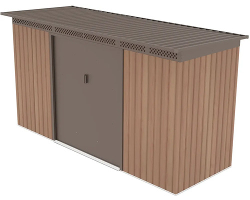 Kovová záhradná skriňa na náradie s panelmi s dekórom dreva, plochou strechou a ventilačnými otvormi.