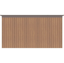 Vonkajšia stena záhradného domčeka s vertikálnym profilovaním a dekorom dreva.