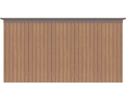 Vonkajšia stena záhradného domčeka s vertikálnym profilovaním a dekorom dreva.