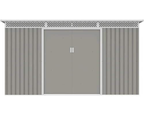 Sivý kovový záhradný domček s dvojkrídlovými dverami, vertikálne profilovanými stenami a vetracími otvormi v hornej časti.