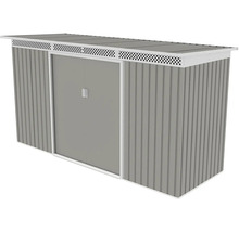 Šedý kovový záhradný domček na náradie s pultovou strechou, posuvnými dverami a vetracími otvormi.