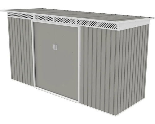 Šedý kovový záhradný domček na náradie s pultovou strechou, posuvnými dverami a vetracími otvormi.