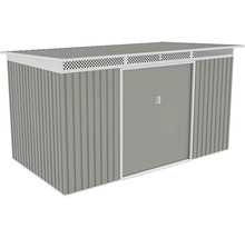 Kovový záhradný domček s posuvnými dverami a ventilačnou lištou, sivý a biely.