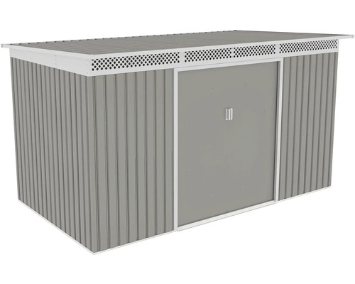 Kovový záhradný domček s posuvnými dverami a ventilačnou lištou, sivý a biely.