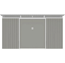 Sivý kovový záhradný domček s dvojkrídlovými dverami a bielymi vetracími otvormi v hornej časti.