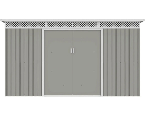 Sivý kovový záhradný domček s dvojkrídlovými dverami a bielymi vetracími otvormi v hornej časti.