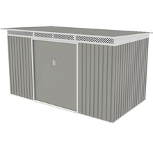 Šedý kovový záhradný domček s bielym rámom, pultovou strechou, posuvnými dverami a vetracími otvormi.