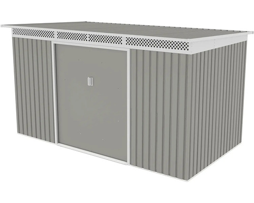 Šedý kovový záhradný domček s bielym rámom, pultovou strechou, posuvnými dverami a vetracími otvormi.