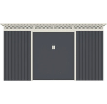 Kovový záhradný domček s dvojkrídlovými posuvnými dverami, ventilačnou mriežkou a pultovou strechou v antracitovej farbe.