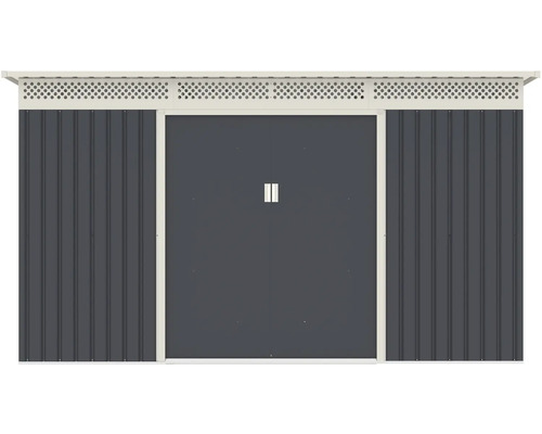 Kovový záhradný domček s dvojkrídlovými posuvnými dverami, ventilačnou mriežkou a pultovou strechou v antracitovej farbe.