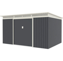 Kovový záhradný domček s pultovou strechou a posuvnými dverami, antracitový a biely, s okrúhlymi vetracími otvormi.