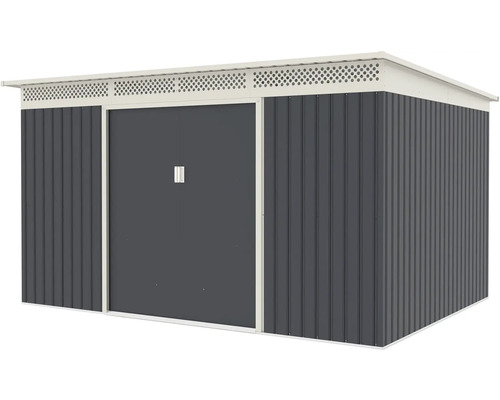 Kovový záhradný domček s pultovou strechou a posuvnými dverami, antracitový a biely, s okrúhlymi vetracími otvormi.