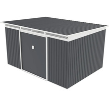 Antracitový kovový záhradný domček s pultovou strechou, bielym rámom, posuvnými dverami a vetracou lištou.