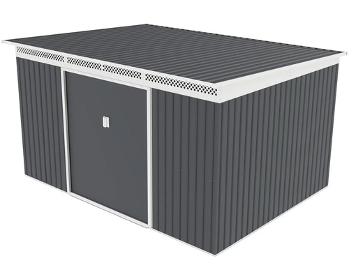 Antracitový kovový záhradný domček s pultovou strechou, bielym rámom, posuvnými dverami a vetracou lištou.