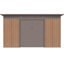 Kovový záhradný domček vo vzhľade dreva s dvojkrídlovými dverami a vetracím pásom