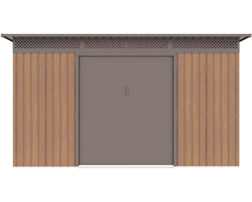 Kovový záhradný domček vo vzhľade dreva s dvojkrídlovými dverami a vetracím pásom