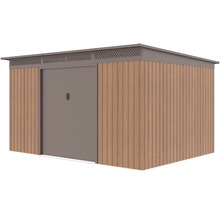 Kovový záhradný domček s dreveným dekorom, plochou strechou a širokými dverami.