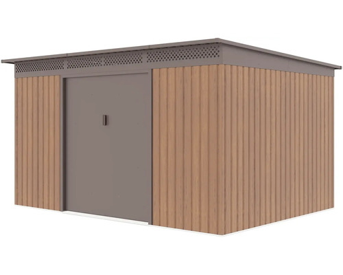 Kovový záhradný domček s dreveným dekorom, plochou strechou a širokými dverami.